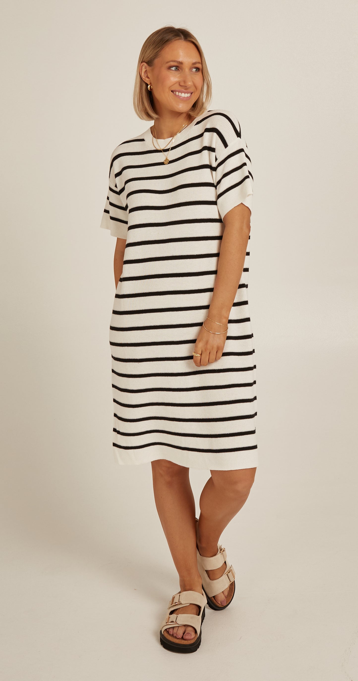 Jasper Knitted Tee Dress - White Black Stripe