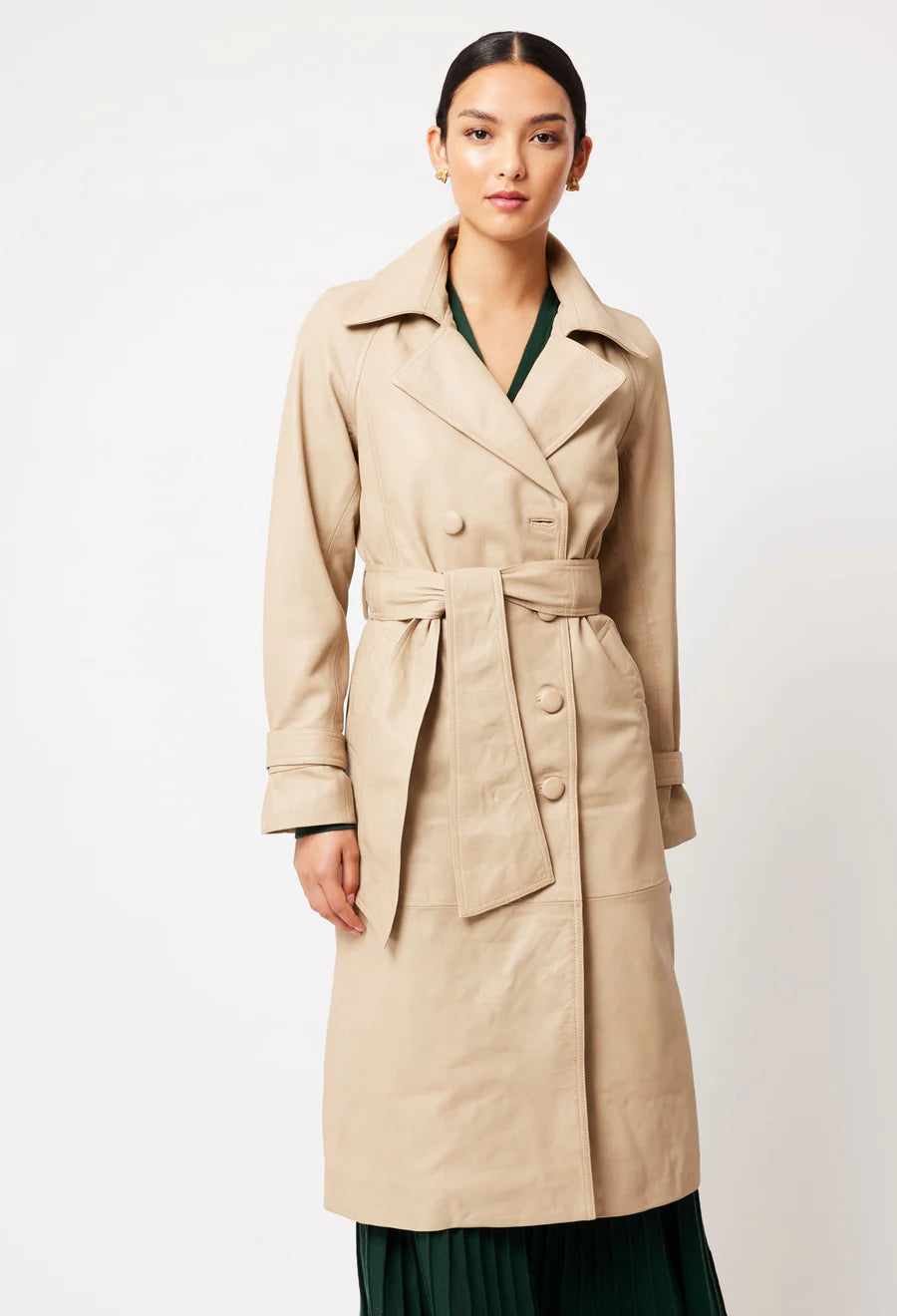 Astra Leather Trench Coat - Oatmeal