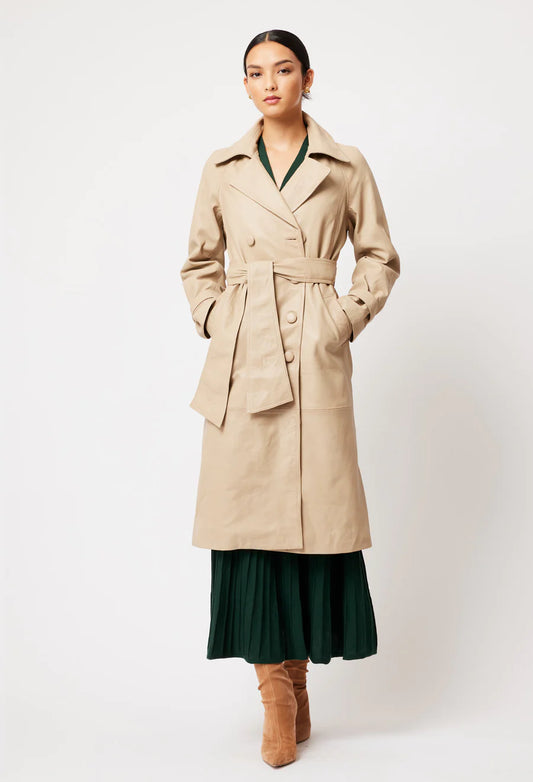 Astra Leather Trench Coat - Oatmeal